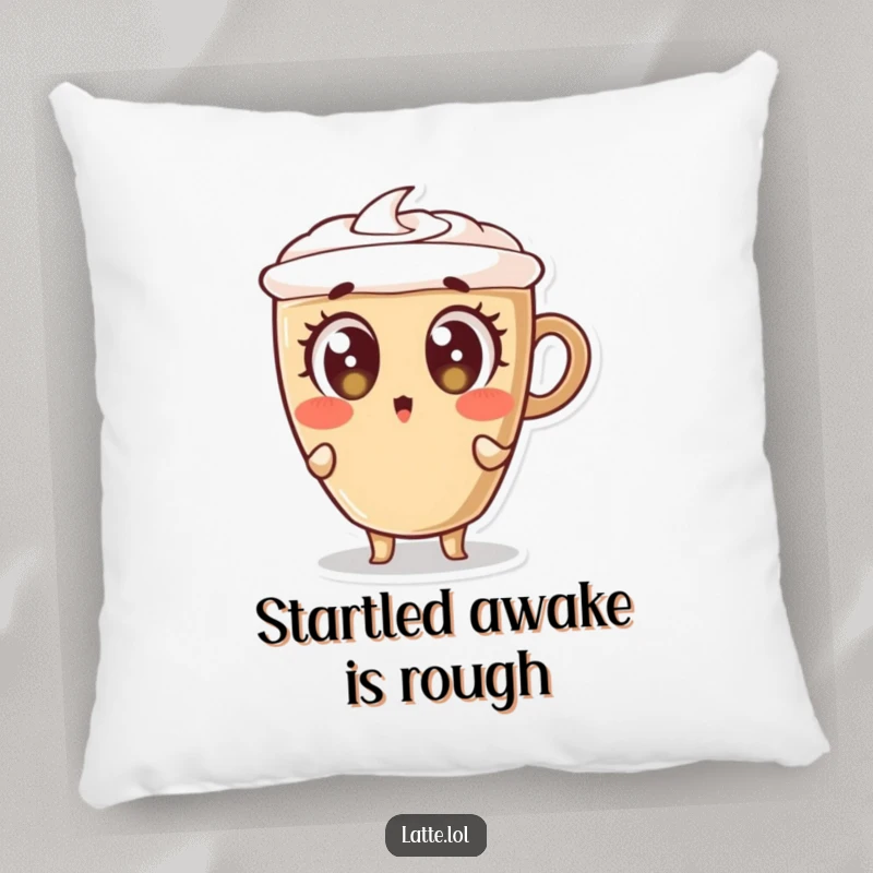 Funny pillow with a latte cup character leaning back with huge, surprised eyes, offering comfort and humor.