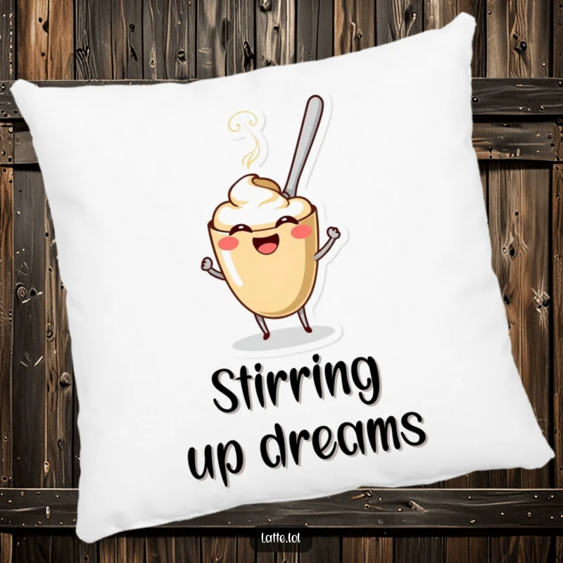 Funny Coffee Spoon Latte Pillow showing a spoon character interacting with a happy latte. A soft and humorous decor piece.