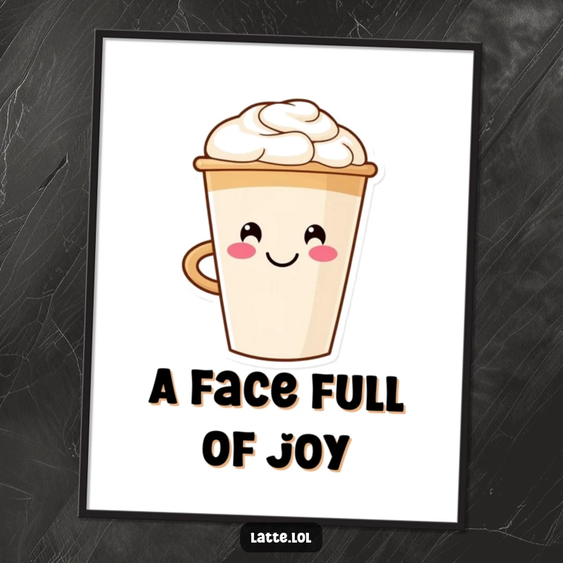 Funny digital artwork of a happy latte cup character featuring smiley face foam art, conveying warmth and morning cheerfulness.