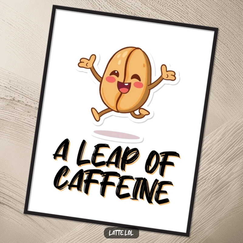 Funny digital artwork of a cheerful coffee bean character in an enthusiastic leap, symbolizing energy, excitement, and the love of coffee.