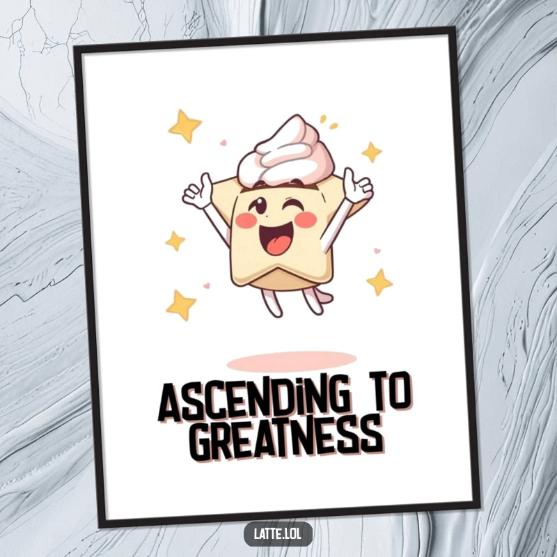 Funny digital art print depicting an excited latte art star character soaring upwards, ready to bring instant joy and energy.