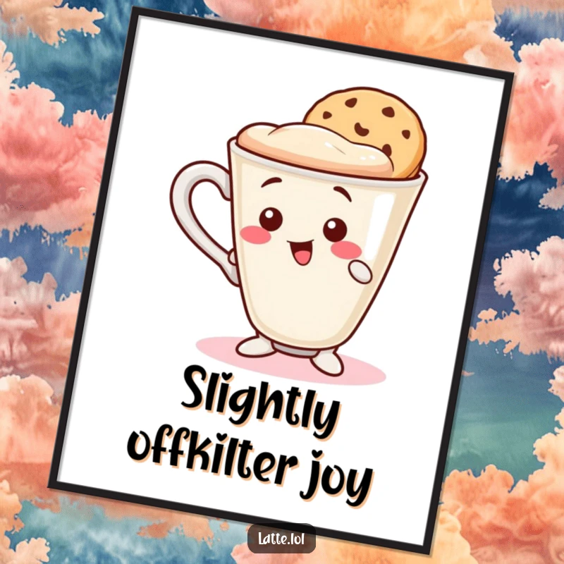 Funny digital art print of a wobbly latte cup character balancing a cookie wafer on its rim. Whimsical and cute decor.