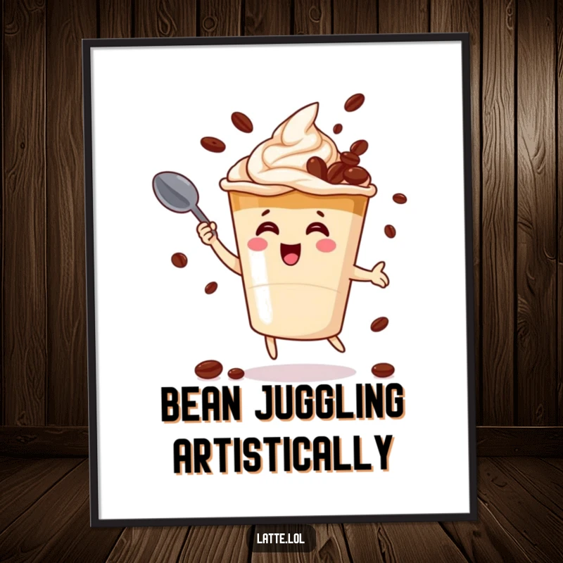 Funny digital art print of an energetic latte cup character juggling coffee beans with a spoon, bringing a sense of fun.