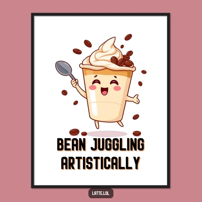 Funny Latte Juggling Digital Art Print: Coffee Bean Acrobat Wall Decor Gift