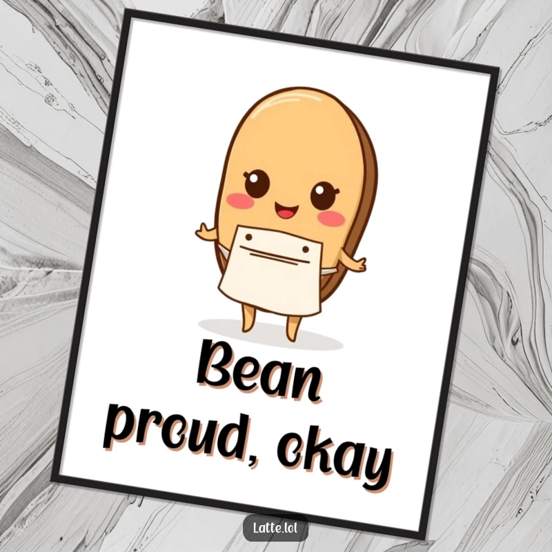 Funny digital art print of a coffee bean character wearing a tiny apron, perfect for instant wall decor.