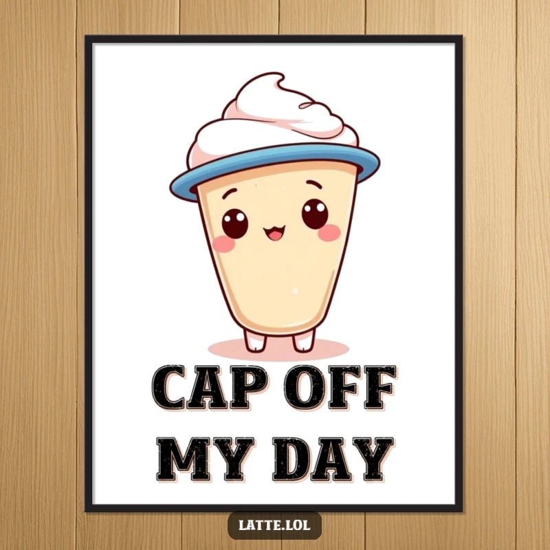 Funny digital art print of a latte foam character wearing a jaunty cap, perfect for instant whimsical decor.