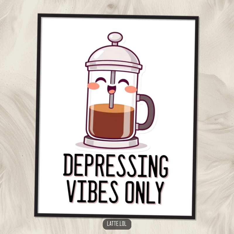 Funny French press digital art print of a laughing character energetically pushing its plunger, perfect for instant humorous wall decor.