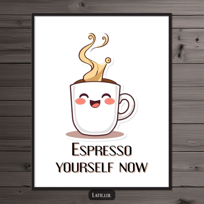 Funny digital artwork of a happy espresso shot character with dramatic steam rising, symbolizing potent energy, focus, and the love of strong coffee.