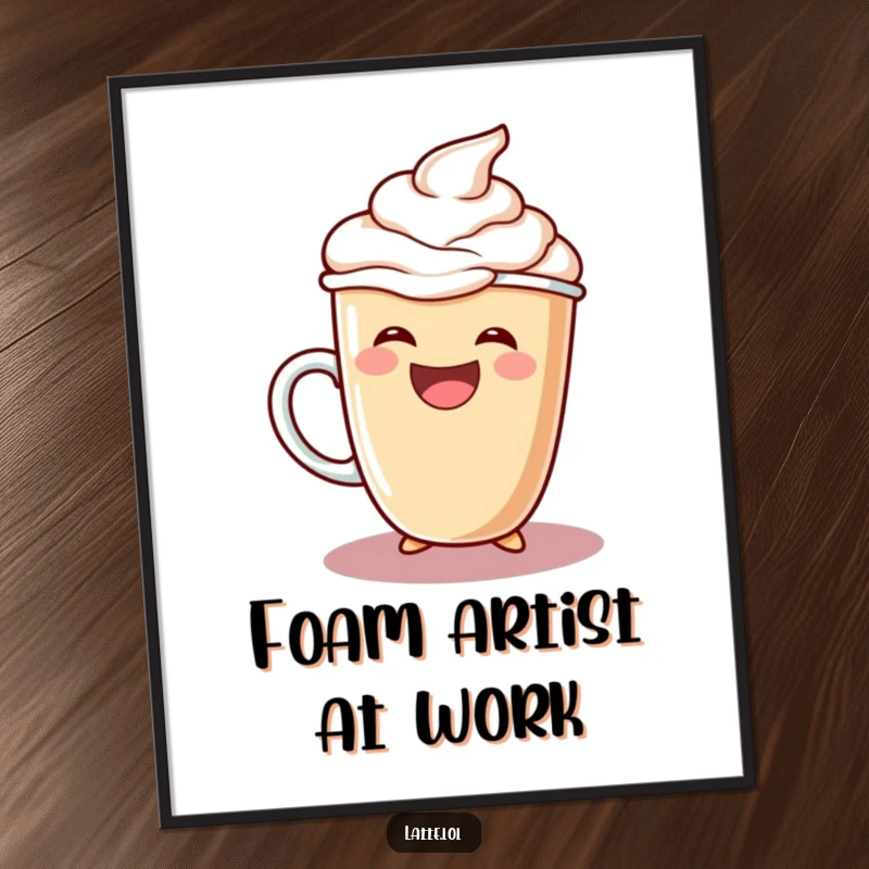 Funny digital art print capturing a happy latte cup character gleefully pouring an abundance of extra foam, full of delight.