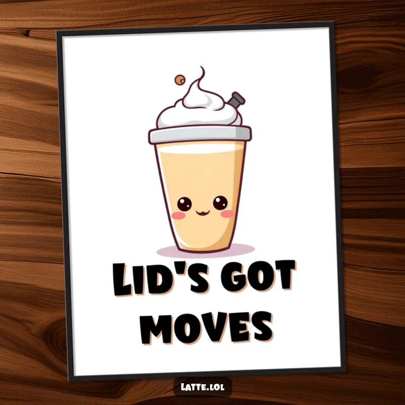 Funny latte cup digital art print with a cheerful character happily bopping its lid.