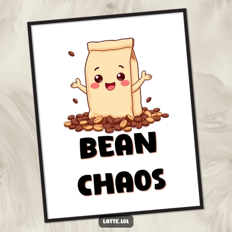 Funny digital art print of a gleeful coffee bag character, spilling coffee beans with pure joy. Instant humorous decor for coffee lovers.
