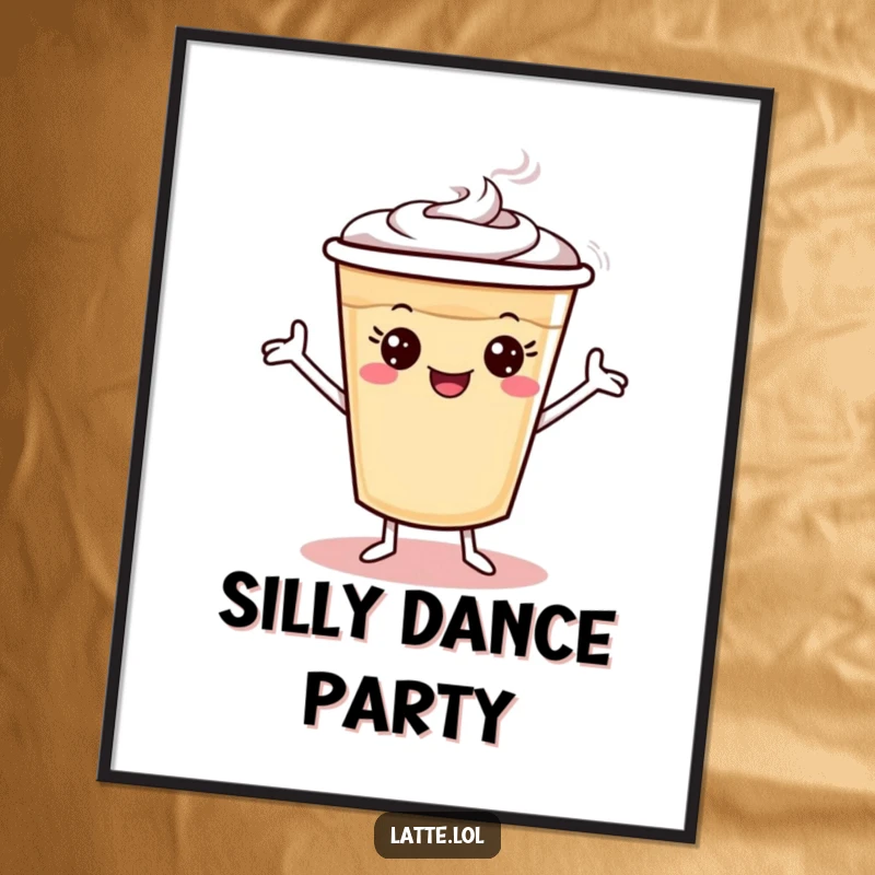 Funny latte cup digital art print with tiny arms doing a silly dance, full of energy.