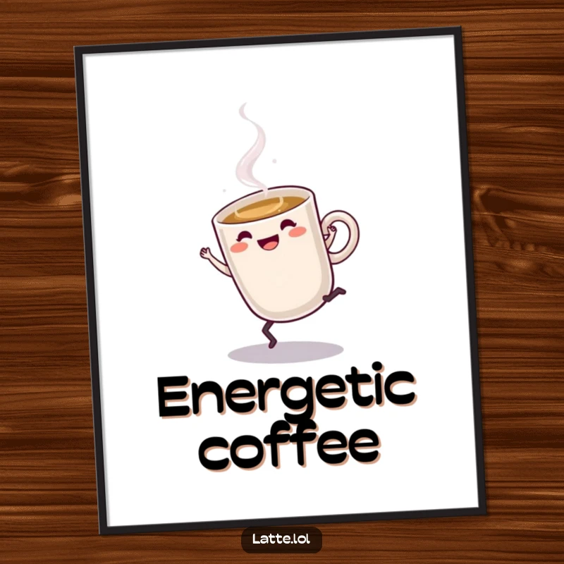 Funny Latte Digital Art Print: Amusing steaming latte cup character doing a cartwheel, radiating energy and fun.