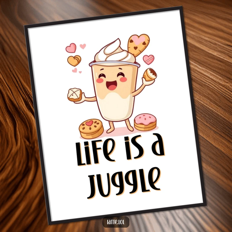 Funny digital art print of a latte cup character juggling pastries, perfect for instant sweet decor.