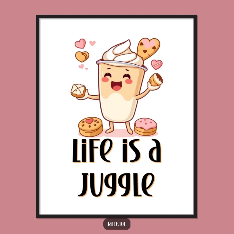 Funny Latte Cup Juggling Pastries Digital Art: Instant Sweet Decor