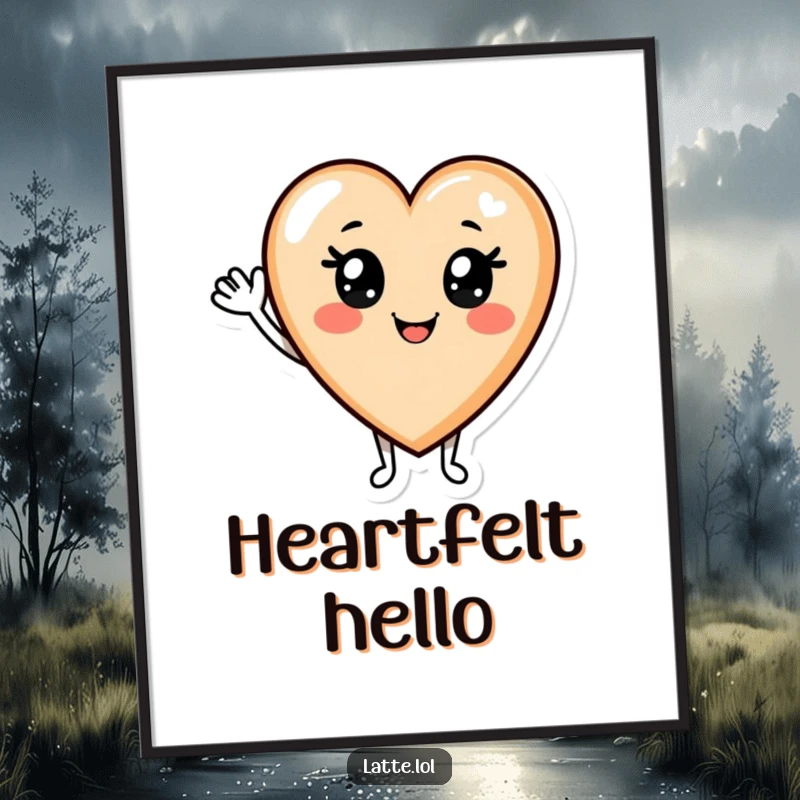 Funny Latte Digital Art Print: Amusing smiling latte art heart character waving hello, radiating warmth and cuteness.