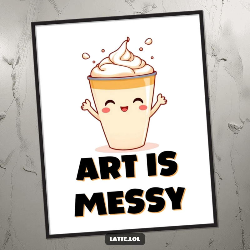 Funny digital art of a latte cup character playfully splashing foam art, ready for instant download and display.