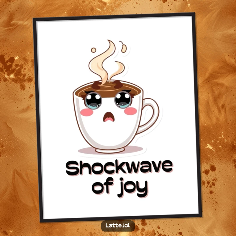 Funny Coffee Cup Digital Art Print of a character with wide eyes and steam, expressing pure surprise. Humorous wall decor.