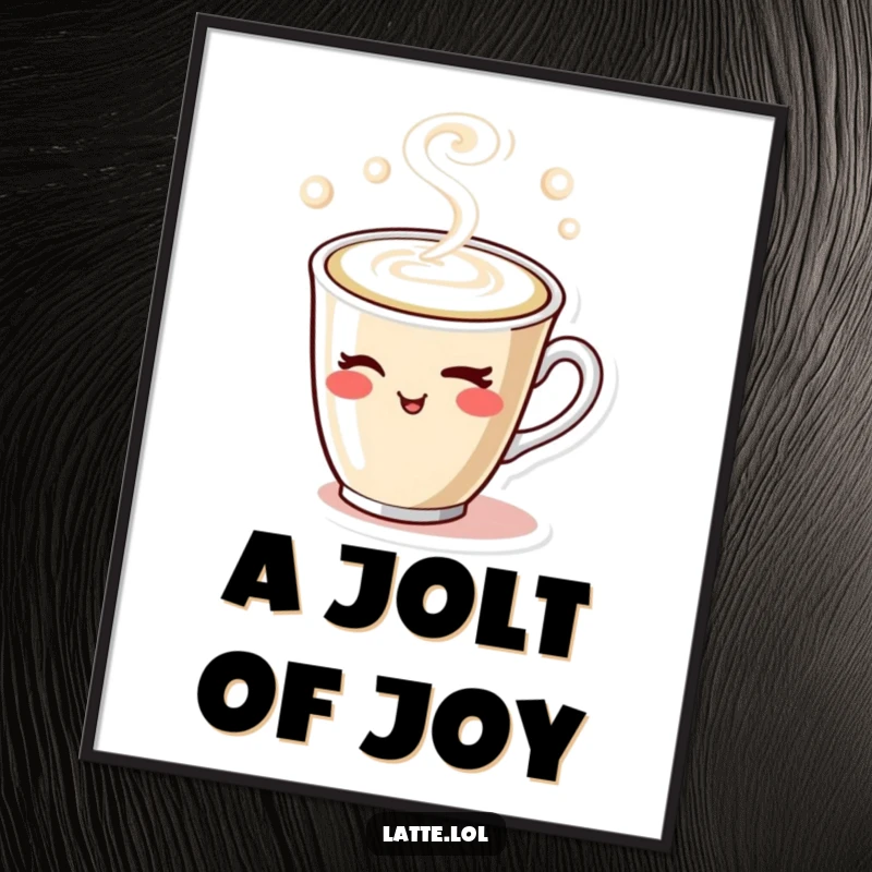 Funny digital art print of a winking latte cup with swirling steam, offering an instant humorous decoration for screens or prints.