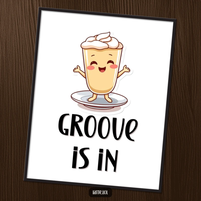Funny digital art of a smiling latte character performing a cheerful dance on a saucer, ready for instant download.