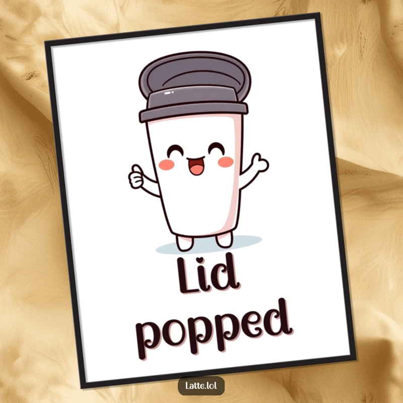 Funny digital art print of a delighted travel mug character, lid popping open in a joyful explosion. Instant humorous wall decor.
