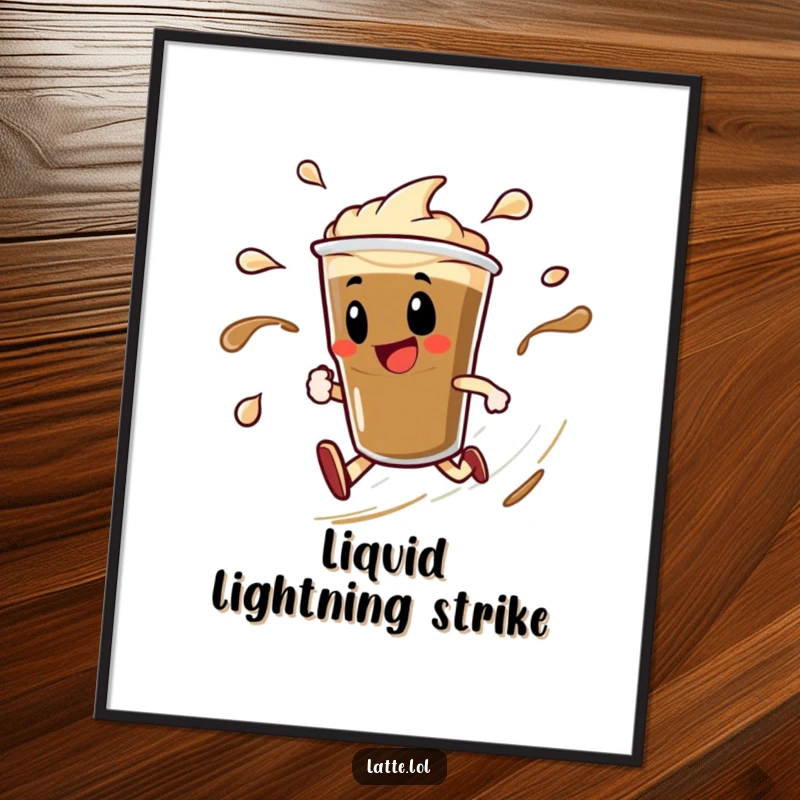 Funny digital art print of a delighted espresso shot character in a speedy spin with dynamic liquid trails. Instant energy boost.