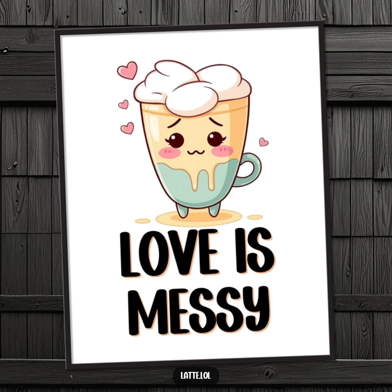 Funny digital art print of a blushing latte art heart character nervously spilling foam, radiating embarrassment.