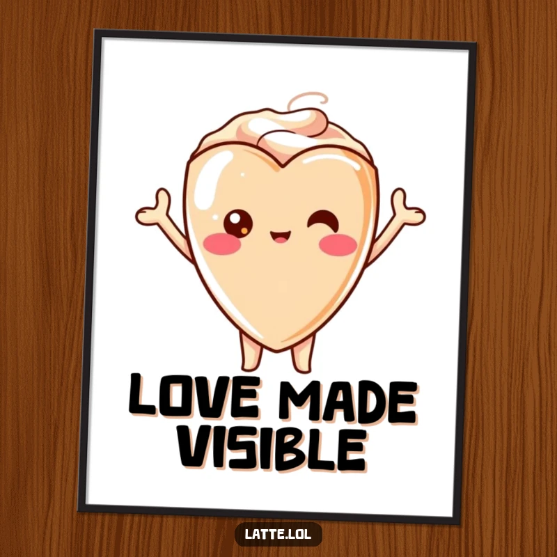 Funny digital art of a kawaii latte heart character cheering with enthusiasm, ready to be printed as wall decor.