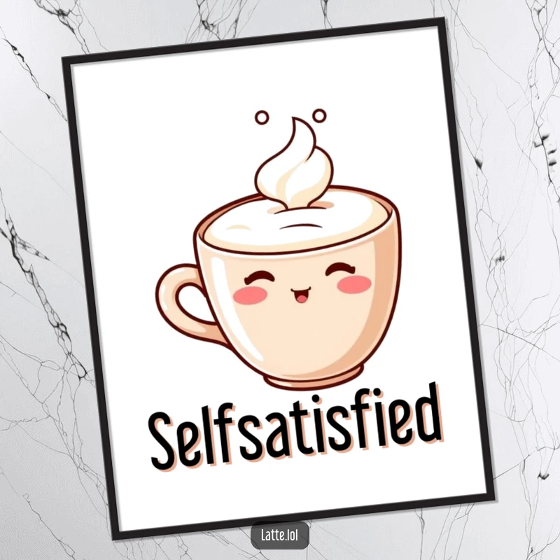 Funny digital art print of a smiling latte cup character happily sipping its own creamy foam, perfect for instant decor.
