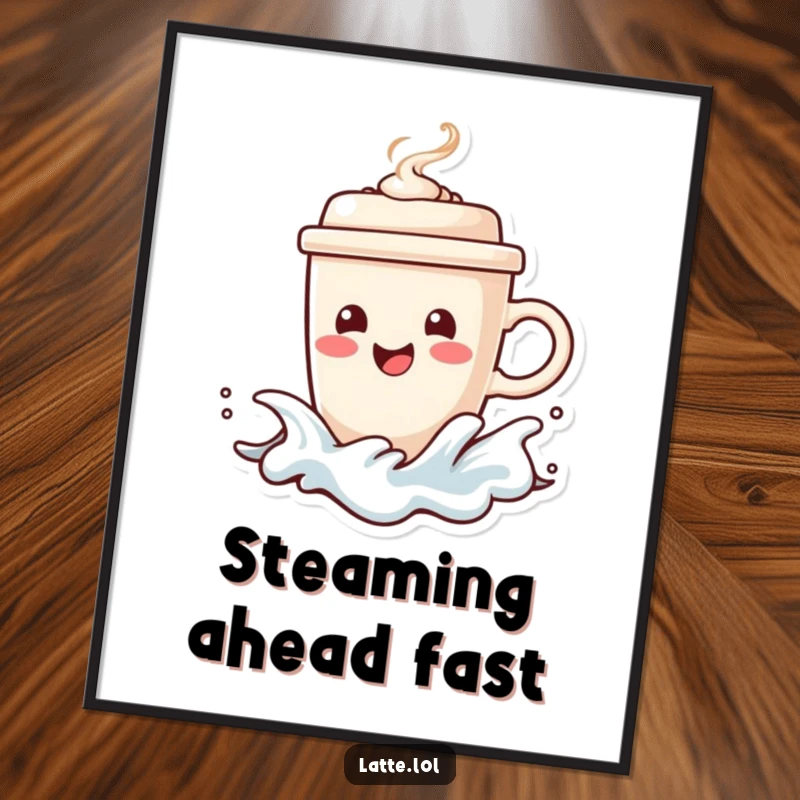 Funny digital art print of a happy coffee cup character surfing a frothy wave, steaming lid intact. Instant coastal charm.