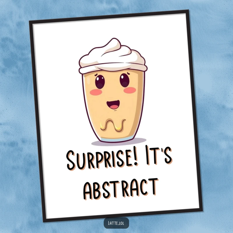 Funny melting latte art digital print of a surprised smiley face art melting, perfect for adding a touch of humorous wall decor.