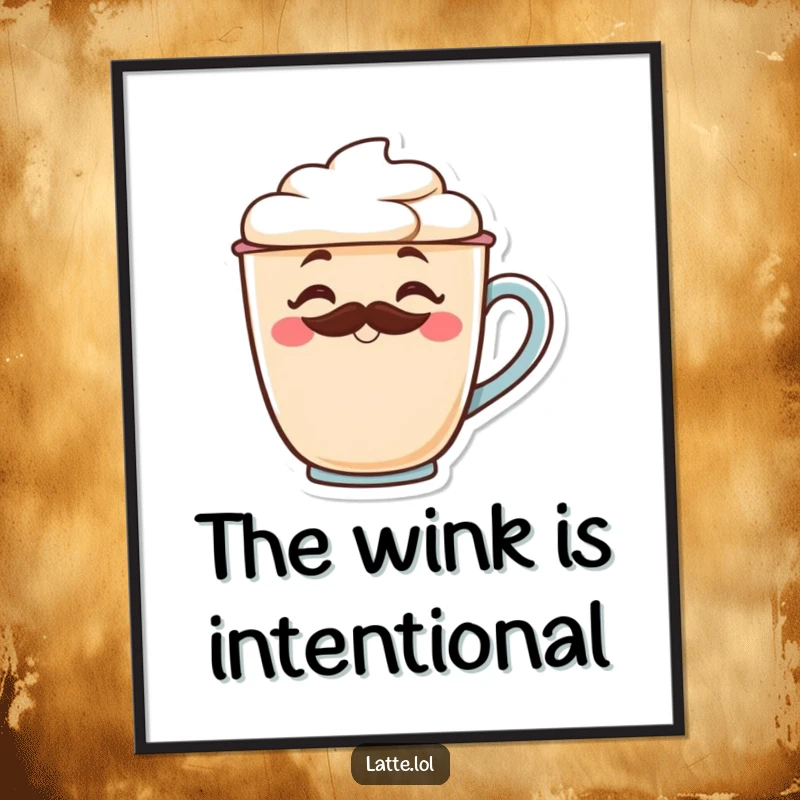 Funny latte cup digital art print with a frothy mustache winking, adding playful decor.