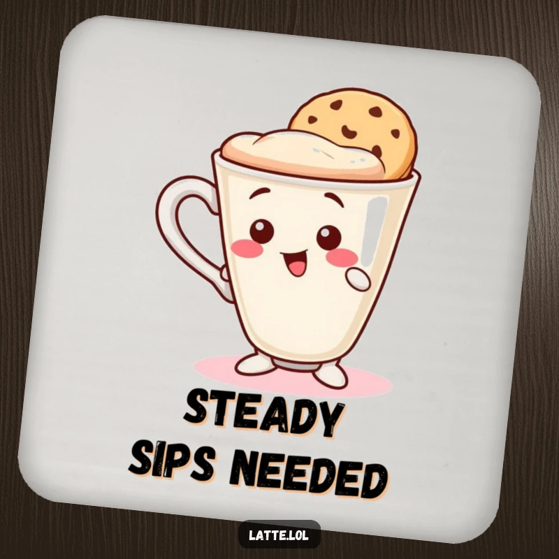 Funny coasters featuring a wobbly latte cup character balancing a cookie wafer on its rim. Protects surfaces with a smile.