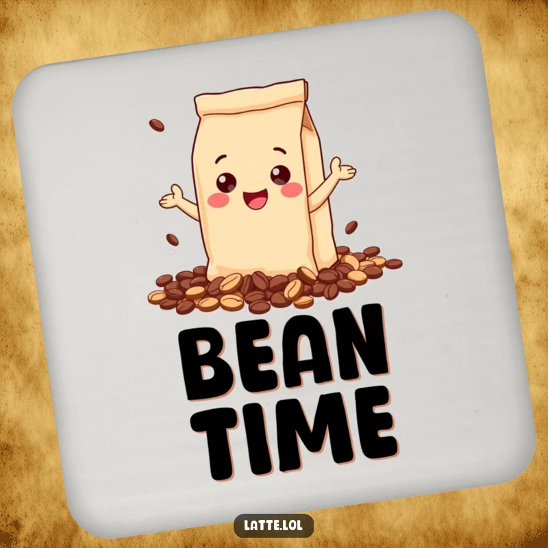Funny drink coaster with a gleeful coffee bag character, spilling coffee beans happily. Protects surfaces with a touch of humor.