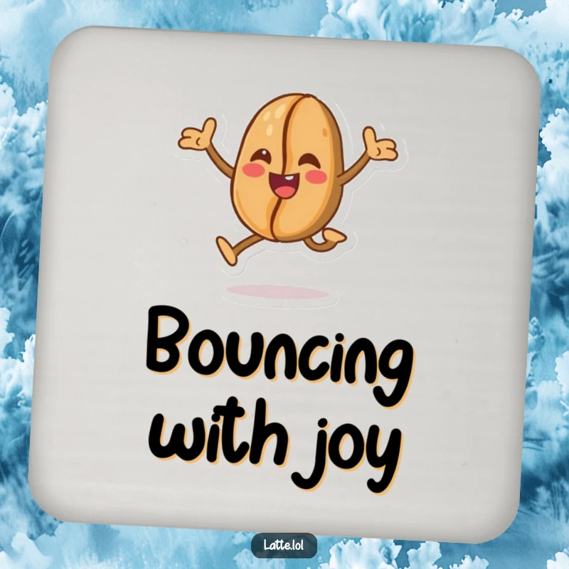Funny drink coaster with a cheerful coffee bean character in a mid-air leap, protecting surfaces with energy and style.