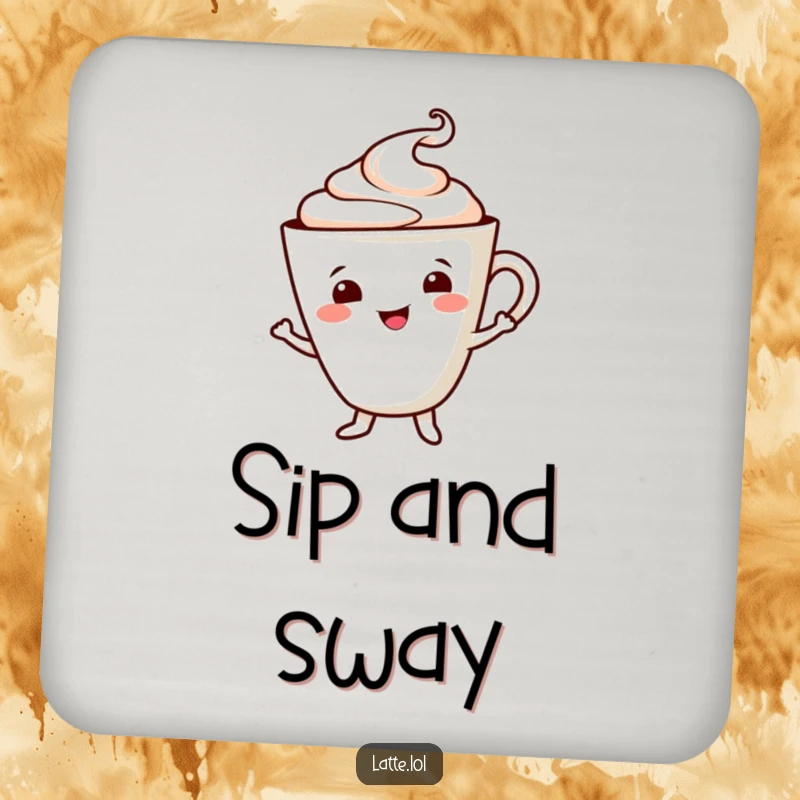 Funny coasters featuring a smiling latte cup character dancing, foam swirl adding a cheerful vibe. Protects surfaces in style.