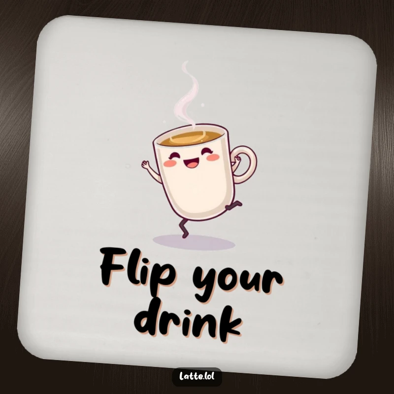 Funny Latte Coaster: Steaming latte cup character doing a cartwheel, adding humorous energy to drink protection.