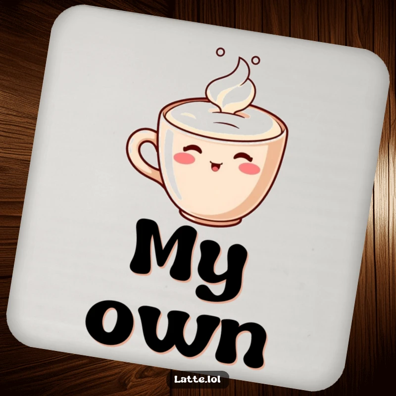 Funny drink coaster set with a happy latte cup character sipping its own foam, protecting surfaces with humor.