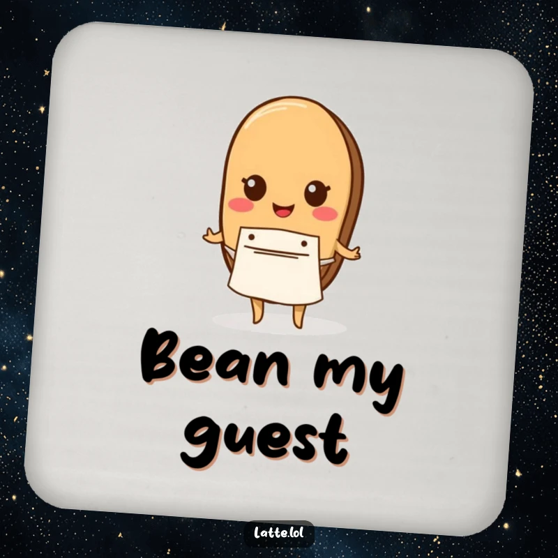 Funny drink coaster with a coffee bean character wearing a tiny apron, adding charm to any table.