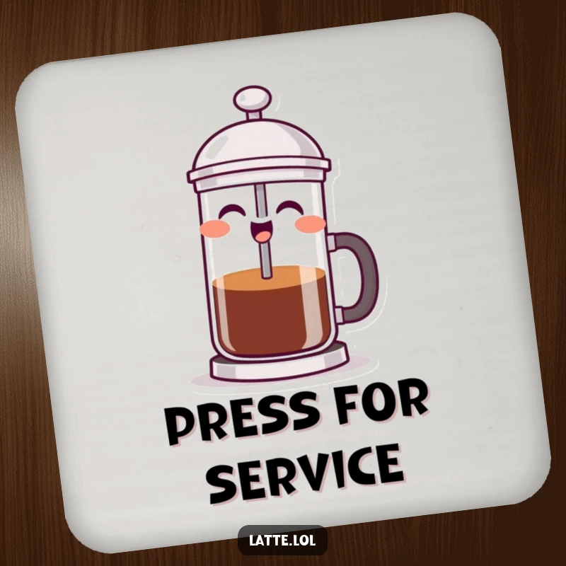 Funny French press coaster displaying a laughing coffee character mid-plunge, adding a humorous touch to drink service.