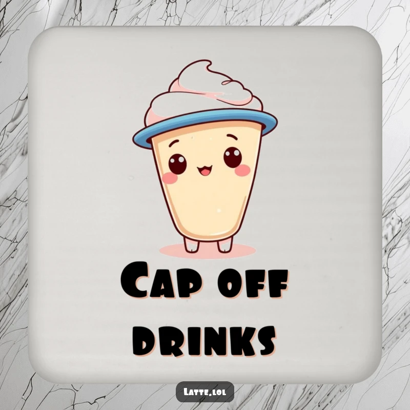 Funny drink coaster with a latte foam character wearing a jaunty cap, adding a humorous element to table settings.