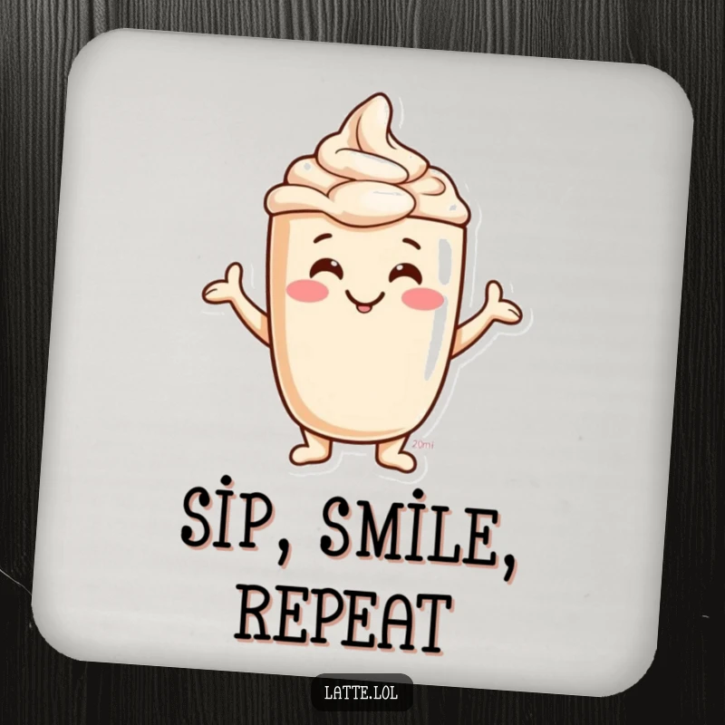 Funny Jovial Latte Foam Coaster showing a smiling character making abstract art. A decorative and protective item.