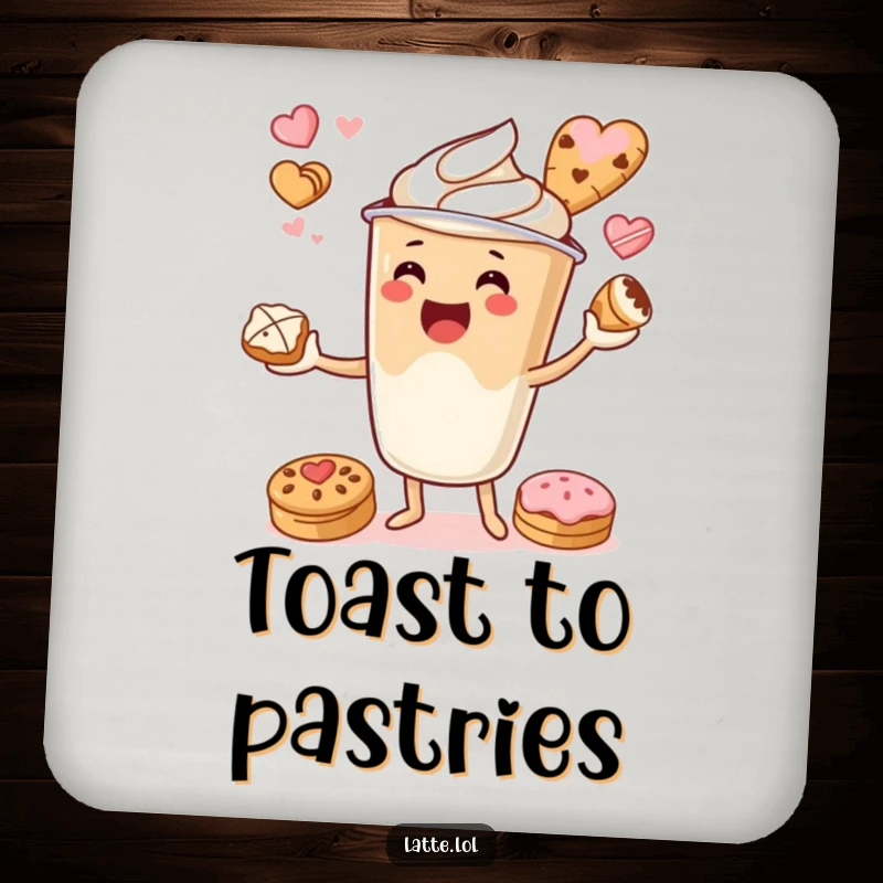 Funny drink coaster with a latte cup character juggling pastries, adding a touch of sweetness to tables.
