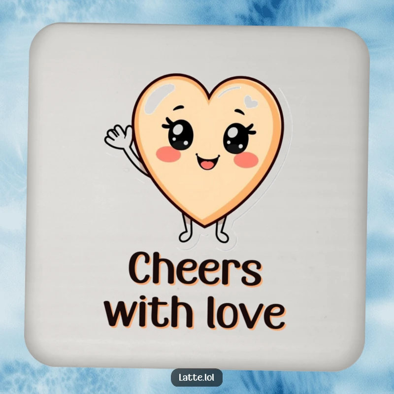 Funny Latte Coaster: Smiling latte art heart character waving hello, adding humorous warmth to drink protection.