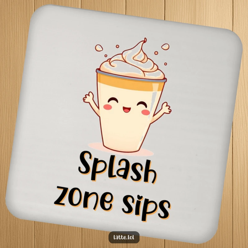 Funny drink coaster showing a latte cup character playfully splashing foam art, protecting surfaces with style.