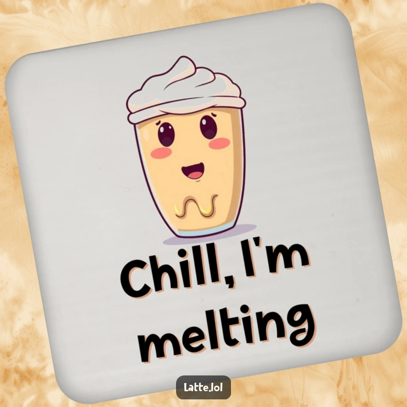 Funny melting latte art coaster exhibiting a surprised smiley face art that is melting, ideal for protecting tables with humor.