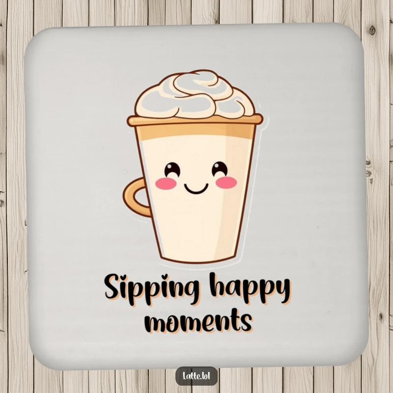 Funny drink coaster with a smiling latte cup character and smiley face foam art, adding cheer while protecting surfaces.