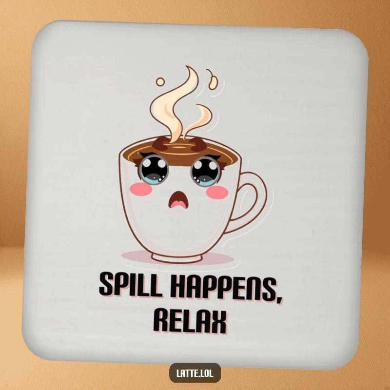 Funny Coffee Cup Coaster displaying a shocked character with wide eyes and steam. Protects furniture with humor.