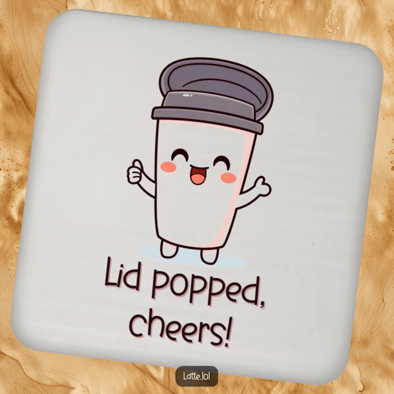 Funny drink coaster with a delighted travel mug character, lid popping open in a cheerful burst. Protects surfaces with humor.