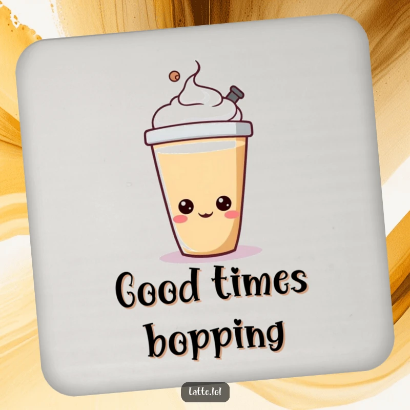 Funny latte cup coaster with a cheerful character happily bopping its lid, protecting surfaces.